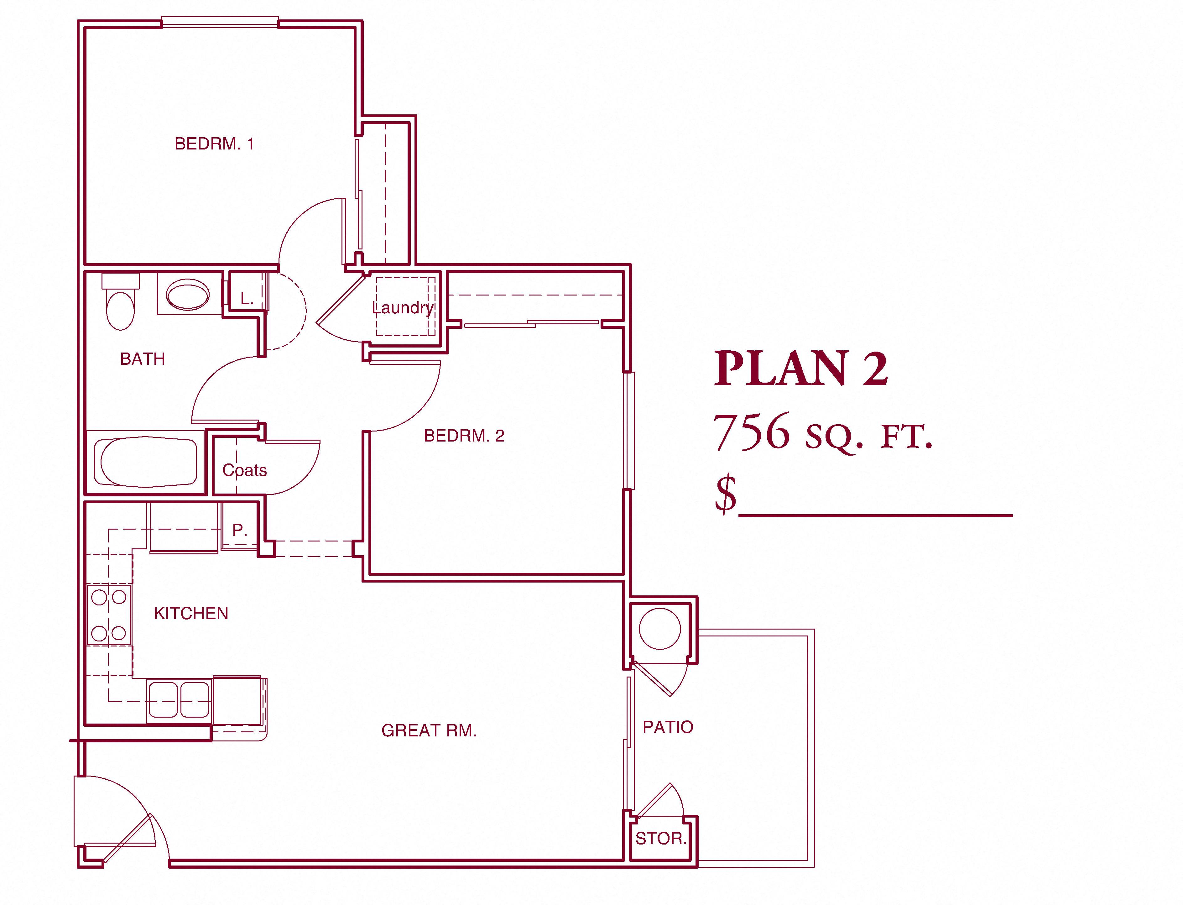 Floor plan for 2 beds, 1 bath, 756 sqft
